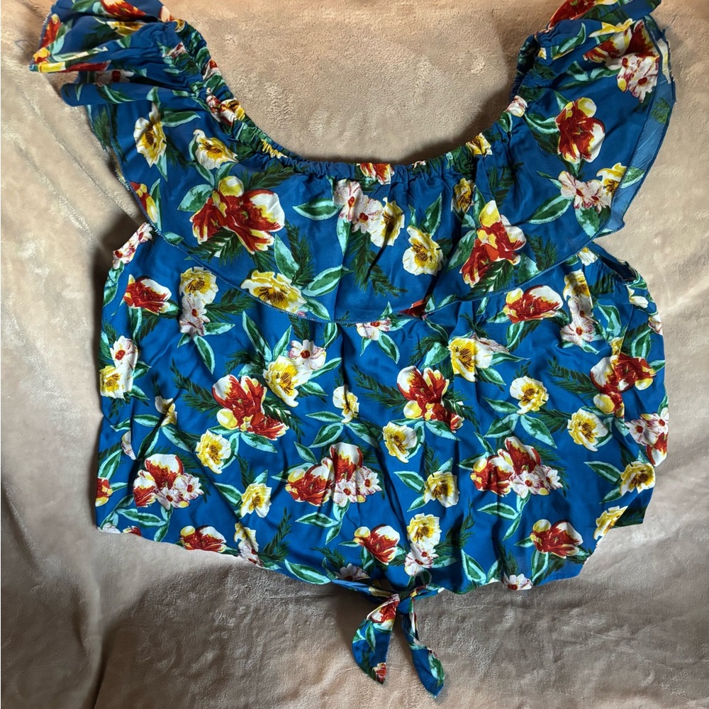 Miss Lili Blue Floral Flutter Collar Blouse